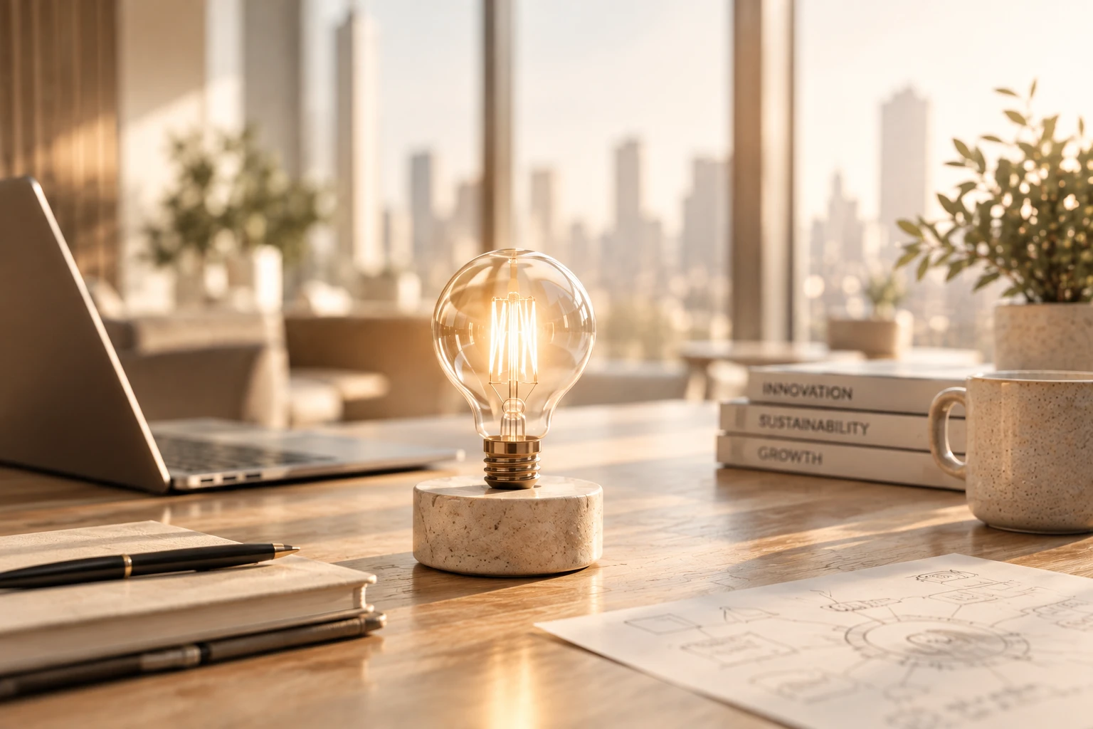 Een brandende lamp op een bureau naast een schets